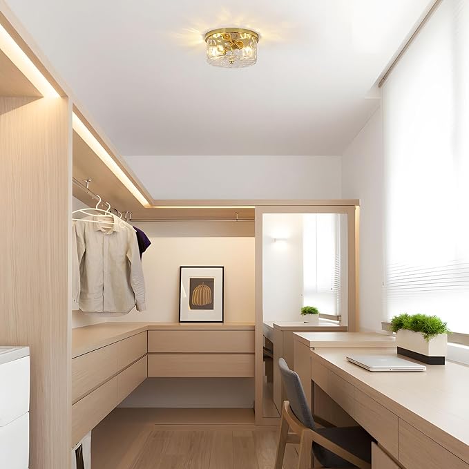 LamQee 9.8" Small Flush Mount Ceiling Light with Clear Hammered Glass, Brushed Gold Hallway Light Fixtures Ceiling Mount for Bathroom, 2-Lights Farmhouse Close to Ceiling Light Kitchen Foyer Bedroom