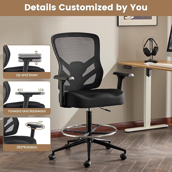 YFO Drafting Chair Tall Office Chair with 3D Armrest for Standing Desk, Mesh Ergonomic Office Chair Adjustable Height with Adjustable Lumbar Support and Footrest Ring, Black