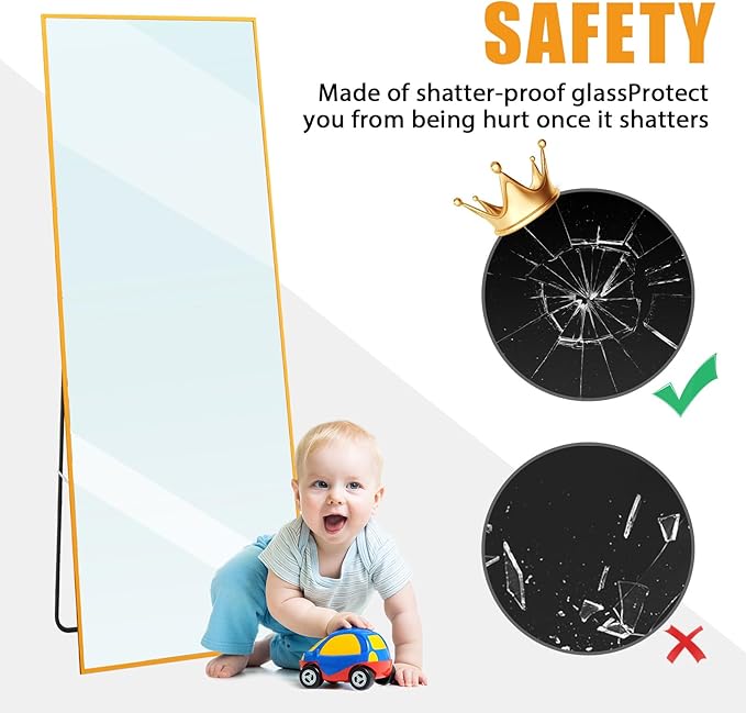 Tall Full Body Mirror, 55''x 18'' Full Length Mirror w Gold Aluminum Alloy Frame, Floor Not Fragile Tempered Mirror Leaning Against Wall for Living Room,Women Dressing Clothes Mirror