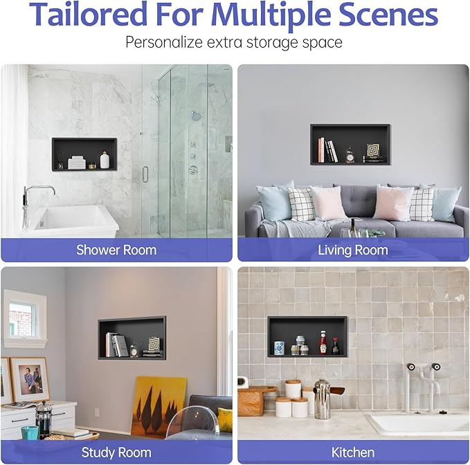 Shower Niche, 24" X 12"(Inner Size 22.6"X11") No Tile Needed Bathroom Niche for Shower Wall, Black Stainless Steel Shower Niche Insert for Bathroom, Recessed Wall Niche Shelf