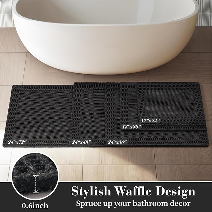 RESARE Waffle Bath Mat for Bathroom, Super Absorbent Bathroom Rugs Non Slip Machine Washable, Ultra Soft Quick Dry Boho Bath Rugs with Tassels for Floor, Upgraded Bordered Design, 18"x30" Black