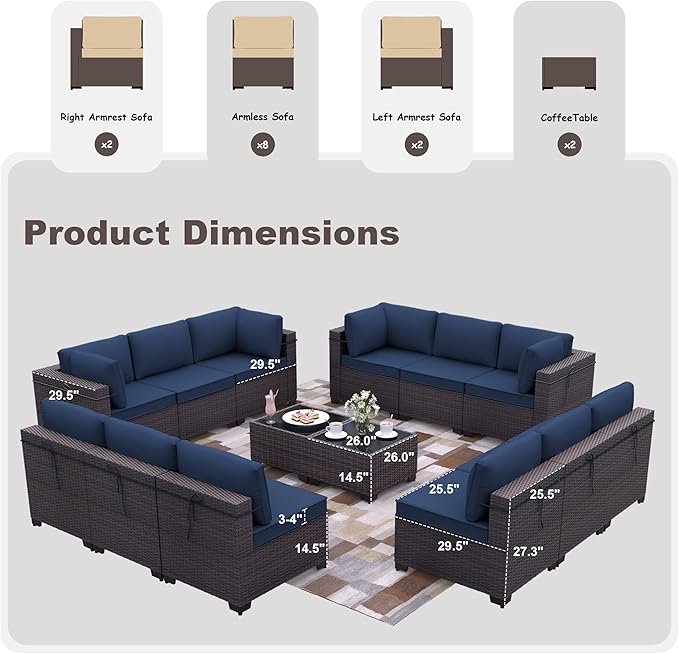 Kurapika 14 Pieces Patio Furniture Set, Rattan Wicker Outdoor Conversation Sets w/4 Inch Cushion and Glass Coffee Table(Navy Blue)