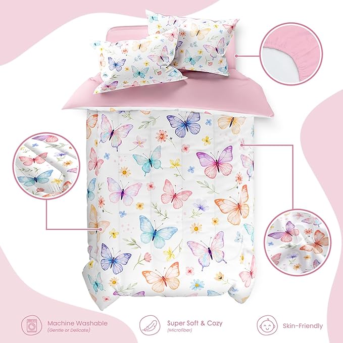 SANDJEST Butterfly Duvet Cover Sets Twin Size for Kids Girls, Include 1 Polyester Comforter Cover 68x86 Inches and 1 Pillowcase 20x26 Inches, Comforter Not Included, Gift for Christmas Birthday