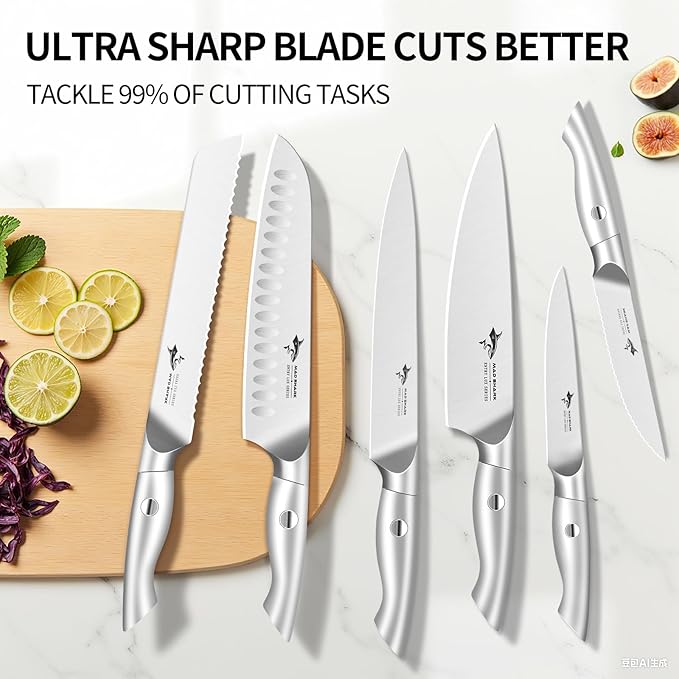 MAD SHARK Knife Set for Kitchen with Block, 17pc Cutlery Set, Built-in Sharpener, German Stainless Steel, Non-slip Ergonomic Handle, Dishwasher Safe