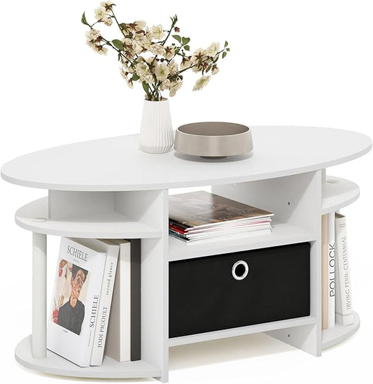 Furinno Jaya Simple Design Oval Coffee Table with Bin, White/White/Black