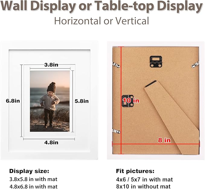 KINLINK 8x10 Picture Frame White, Solid Wood Frames with Acrylic Plexiglass for Pictures 4x6/5x7 with Mat or 8x10 without Mat, Tabletop and Wall Display, Set of 4
