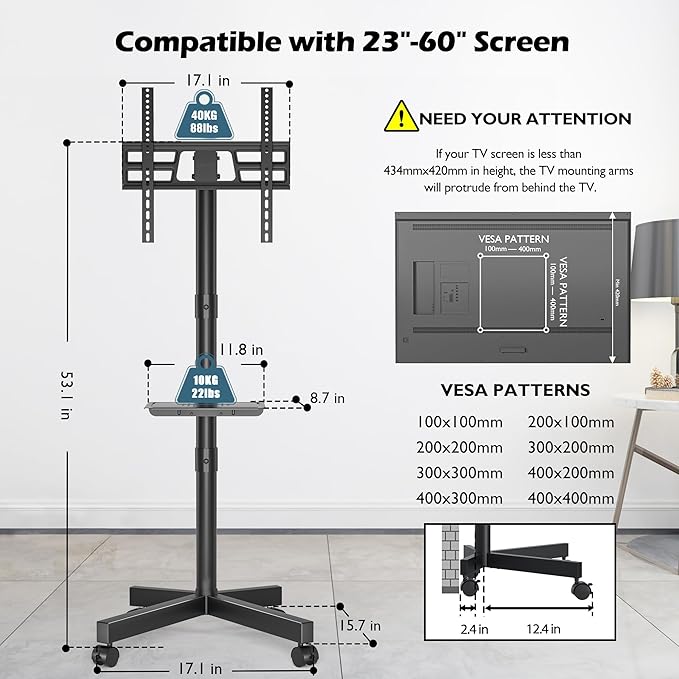 BONTEC Mobile TV Stand with Tilt Function, Rolling TV Stand for 23-60" LED, LCD, OLED TVs, Holds up to 88lbs, Max VESA 400x400mm, Adjustable Media Shelf, TV Cart for Living Room, Bedroom, Office