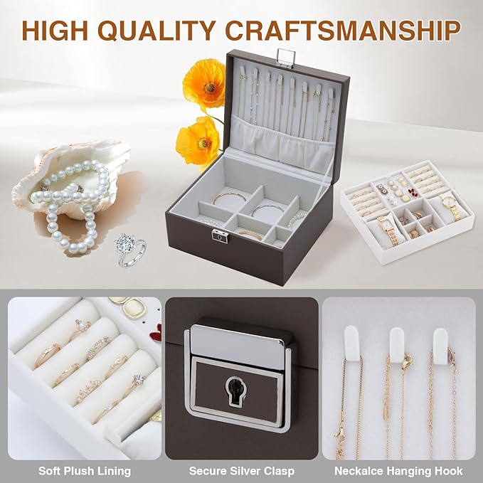 Jewelry Organizer Box for Girls Women,Large Genuine Leather Jewelry Organizers and Storage with Earring Holder Organizer Removable Velvet Jewelry Tray,Christmas Gifts for Mom,Grey