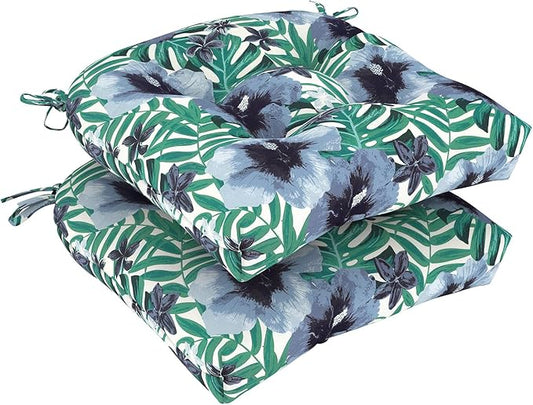 Set of 2 Outdoor Chair Cushions 19"x19"x4",Water Repellent Tufted Seat Cushions with Ties, Replacement Thick Chair Pads for Wicker Dining and Patio Furniture - Blue Salmone Tropical