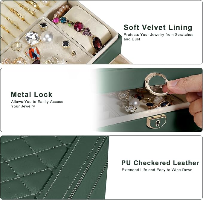 3-Layer Jewelry Box for Women, Jewelry Organizers and Storage with Removable Jewelry Tray, Vintage Quilted Top Lockable Jewelry Holder Gift Idea Dark Green