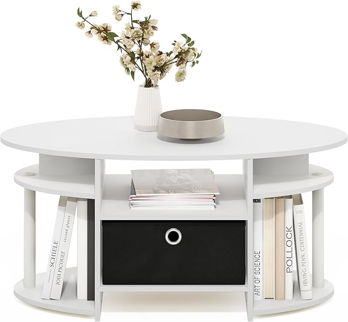 Furinno Jaya Simple Design Oval Coffee Table with Bin, White/White/Black