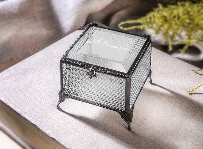 Personalized Clear Honeycomb Glass Box Decorative Vanity Display Case Storage Jewelry Organizer Keepsake Gift for Her Girl Women Vintage Decor J Devlin Ellen Box 825 EB245