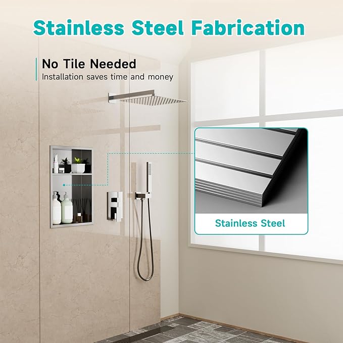 Brushed Nickel Stainless Steel Shower Niche 12" x 18" – Recessed 2-Tier Shower Shelf, 12"x12" Upper & 12"x6" Lower Storage, Waterproof & Rustproof, Modern Bathroom Wall Niche