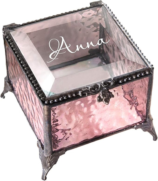 Personalized Pink Rose Glass Box Decorative Vanity Display Case Storage Jewelry Organizer Keepsake Gift for Her Girl Women Pink Vintage Decor J Devlin Ellen Box 903 EB245