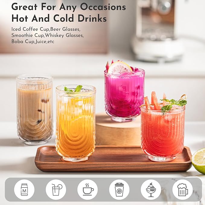 INSETLAN Vintage Glassware Arch Design Glass cups Set of 4, Fashioned Ripple Glassware Highball Glass, Classic Transparent Cocktail Glasses, for Bar Beverages Ice Coffee Juice Water (4pcs-S)