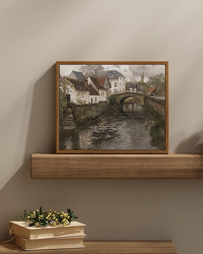 InSimSea Framed Canvas Wall Art Vintage Decor, Landscape Wall Art Prints, Riverside Small Town Canvas Prints, Rustic Farmhouse Wall Decor for Bedroom Living Room, Retro Room Decor, 11"x14"