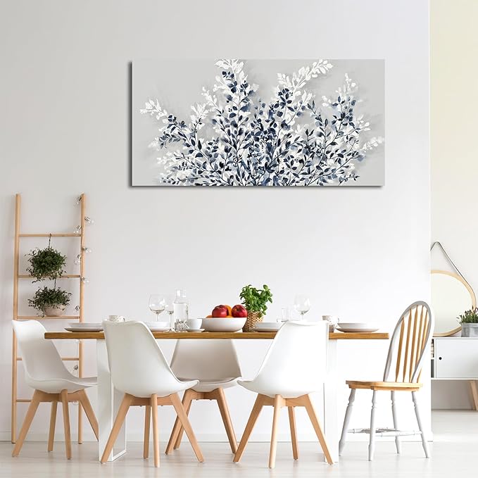 NINEASO Botanical Flowers Wall Art - Indigo Blue and White Floral Canvas Pictures Spring Blooming Painting Gray Background Printing Artwork Living Room Bedroom Home Office Wall Decor 20" x 40"