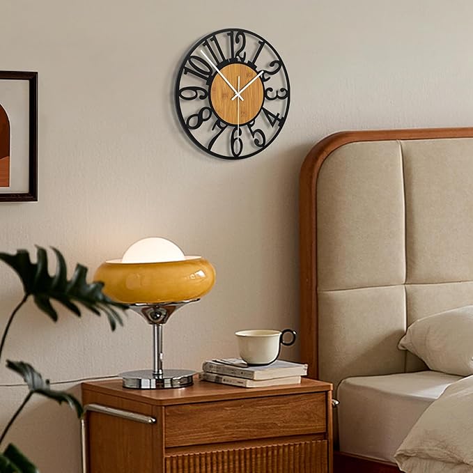 Maxstar Wall Clock Battery Operated,Silent Non-Ticking Modern Rustic Metal Round Clocks Small for Living Room/Bedroom/Office/Kitchen/Farmhouse Home Decor-10 Inch(Yellow-Wood)