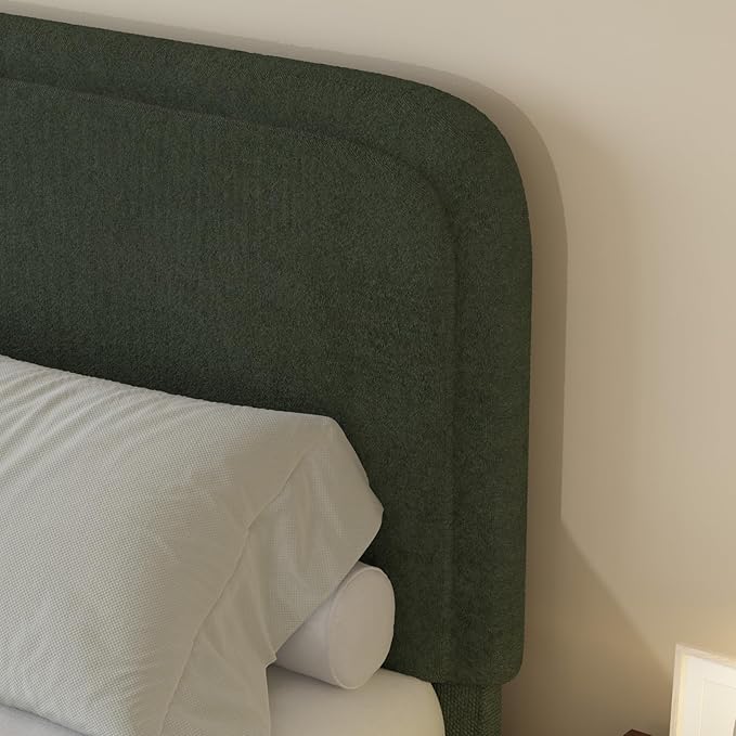 BarnFurin Full Size Bed Frame with Headboard, Boucle Upholstered Platform Bed Frame, Modern Style, Soft Rounded Corners, No Box Spring Required, Easy Assembly, Green