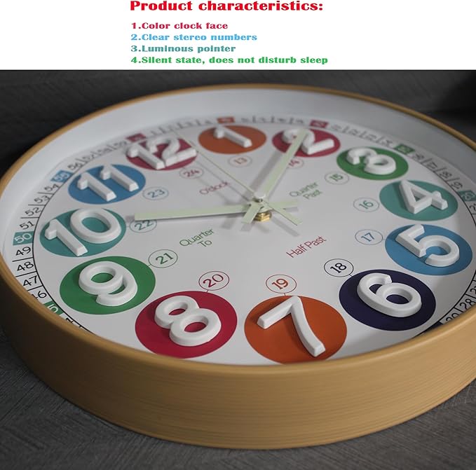 Learning Time Clock for Kids,12 Inch 3D Numbers Colorful Clock Face Silent Clocks，Bedroom,Kitchen,Classroom,Décor at School, Clear Digital Wall Clock for Kids Room (3D Wood Color Luminous)