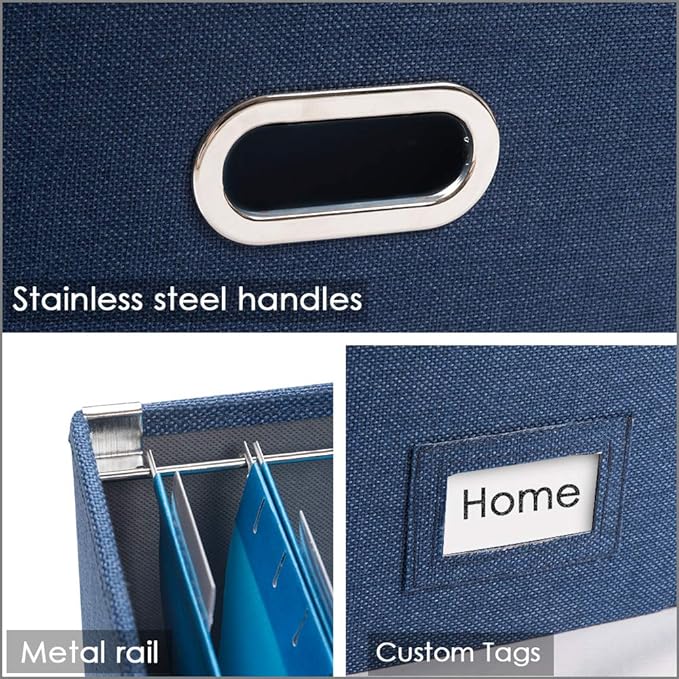 PRANDOM File Organizer Box - Set of 1 Collapsible Decorative Linen Filing Storage Hanging File Folders with Lids Office Cabinet Letter Size Navy Blue (14x9.3x10.8 inch)