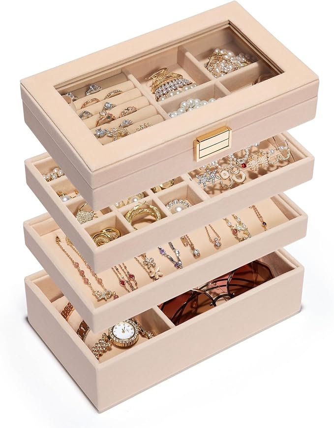 Homde Jewelry Tray Stackable Jewelry Box Drawer Organizer with Glass Lid, Removable Dividers for Vanity Table Gift Idea for Girls and Women(Apricot)