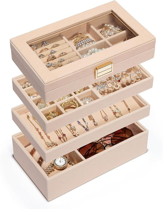 Homde Jewelry Tray Stackable Jewelry Box Drawer Organizer with Glass Lid, Removable Dividers for Vanity Table Gift Idea for Girls and Women(Apricot)