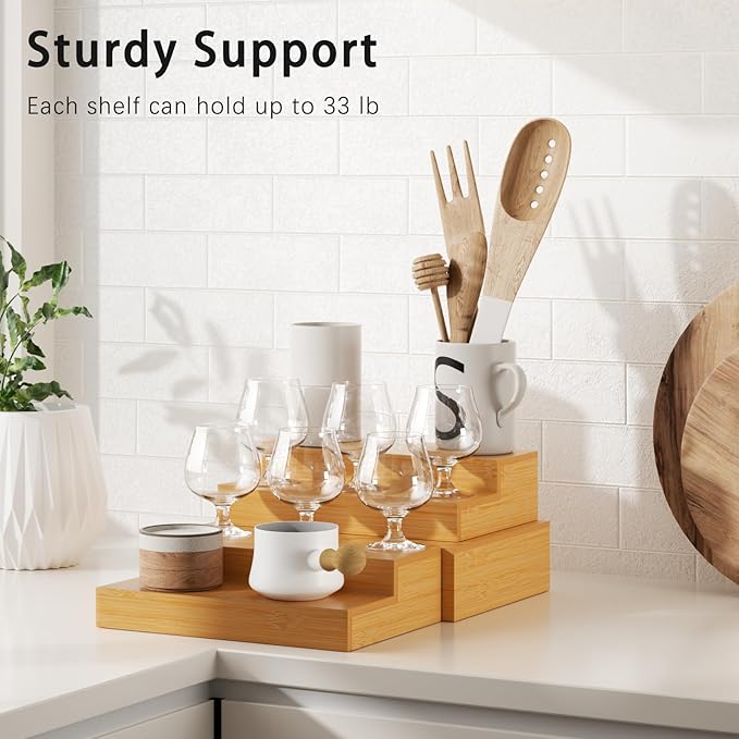 Spice Rack, Bamboo Spice Rack Kitchen Cabinet Organizer Expandable - Bamboo 4 Tier Figurine Display Shelf, Adjustable Magnetic 4 Tier Spice Racks, Brown