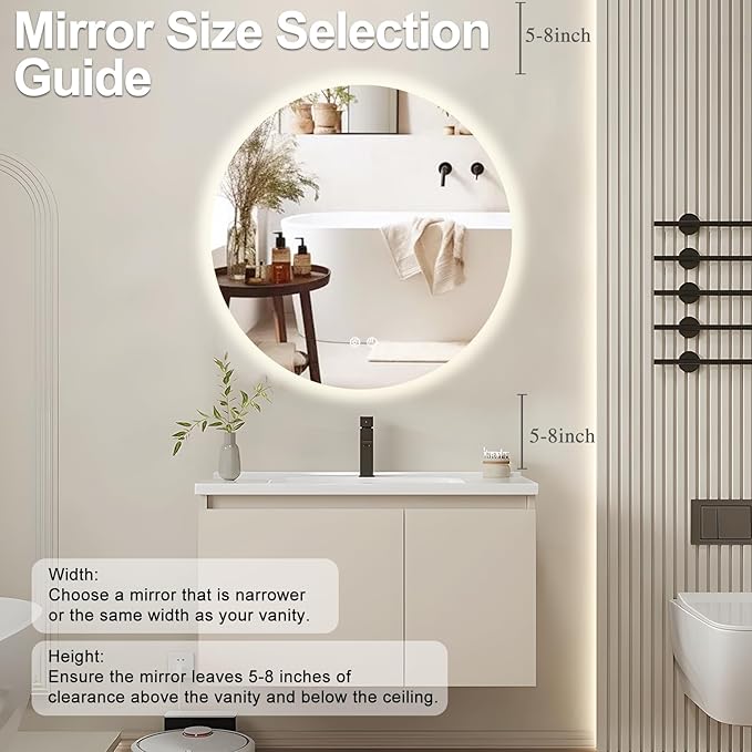 32 Inch Round LED Bathroom Mirror Backlit Anti-Fog Wall Mounted Lighted Bathroom Vanity Mirror 3 Colors Light Dimmable Smart Makeup Mirror with Touch Switch