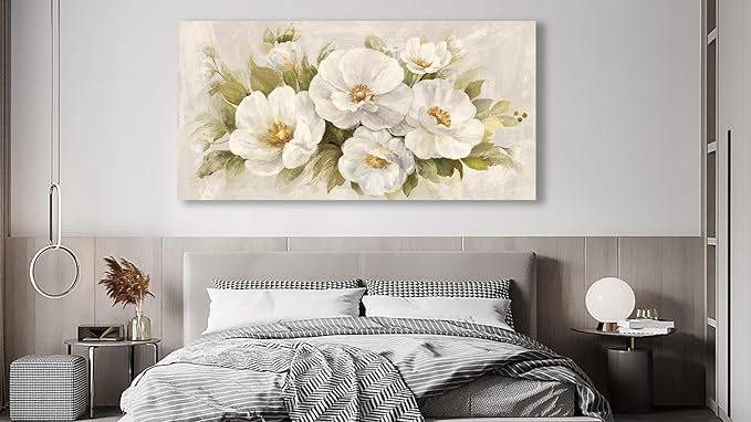 yearainn Abstract Flowers Canvas Wall Art - Beige Flower Pictures Blooming Floral Painting Wall Decor Minimalist Peony Printing Artwork for Living Room Bedroom Home Office Decorations 29" x 58"