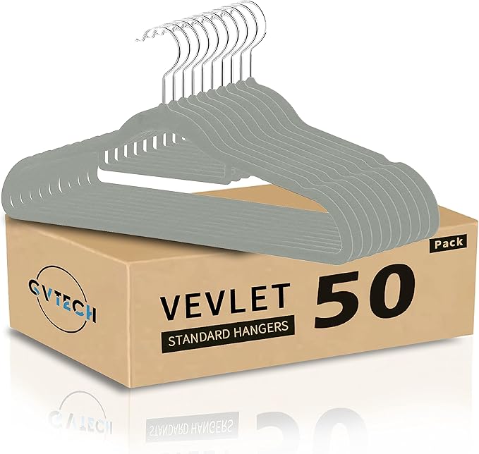 Premium Velvet Hangers, [50 Pack] Non Slip and Heavy Duty Velvet Suit Hangers (45cm) with Tie Bar, 360° Swivel Hooks, Sturdy to Hold Jumper, Pullovers, Jackets & Hoodies (50 Pack, Grey)