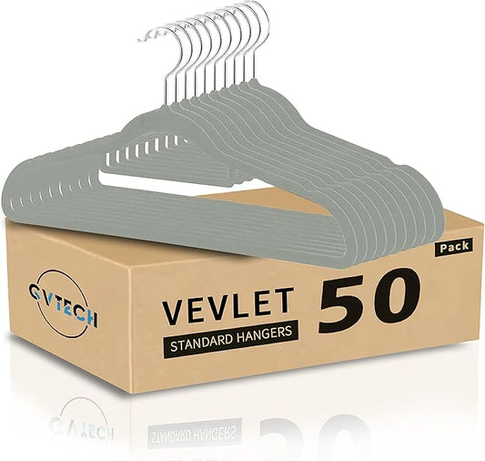 Premium Velvet Hangers, [50 Pack] Non Slip and Heavy Duty Velvet Suit Hangers (45cm) with Tie Bar, 360° Swivel Hooks, Sturdy to Hold Jumper, Pullovers, Jackets & Hoodies (50 Pack, Grey)