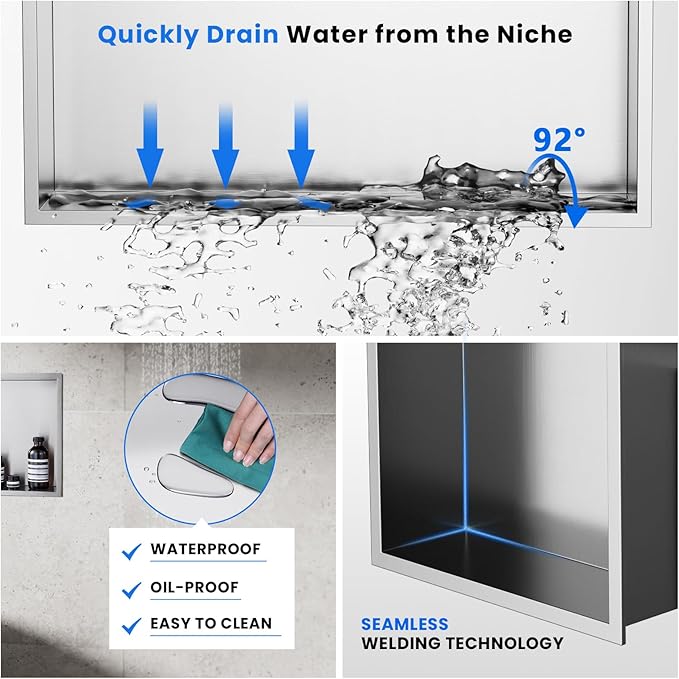 POPFLY 24X12 Inch Shower Niche Shelf, Brushed Nickel Shower Niche Stainless Steel, No Tile Needed Bathroom Storage Shelfs Recessed Wall Niche