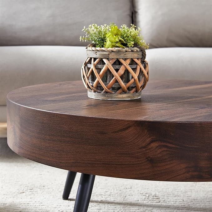 31.5'' Round Coffee Table for Living Room, Wood Texture Table Top, Black Metal Table Legs Tea Table for Dining Room Apartment Small Space (Black,Walnut)