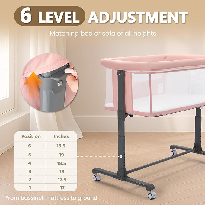 Kinder King Baby Bassinet w/Wheels, Folding Portable Newborn Bedside Sleeper, All-Sided Mesh Infant Crib, Adjustable Height, Removable Soft Mattress, No Tool to Assemble, Pink