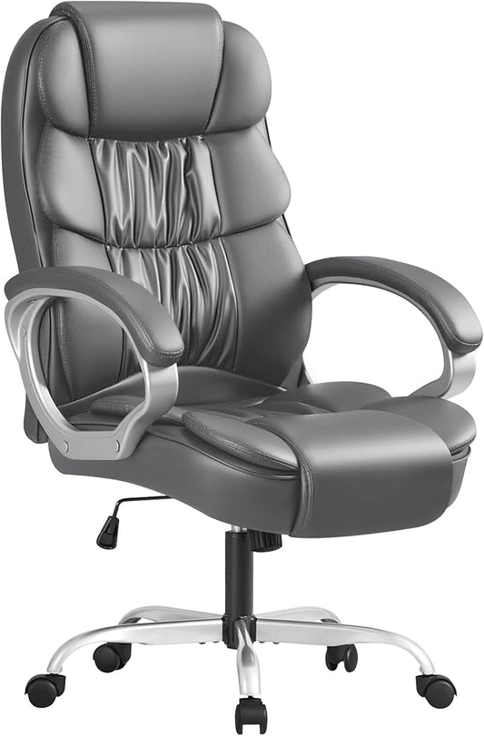 Furmax Leather High Back Office Chair Ergonomic Executive Office Chair Swivel Computer Desk Chair Lumbar Support Soft Cushioned Padded Arms (Grey)