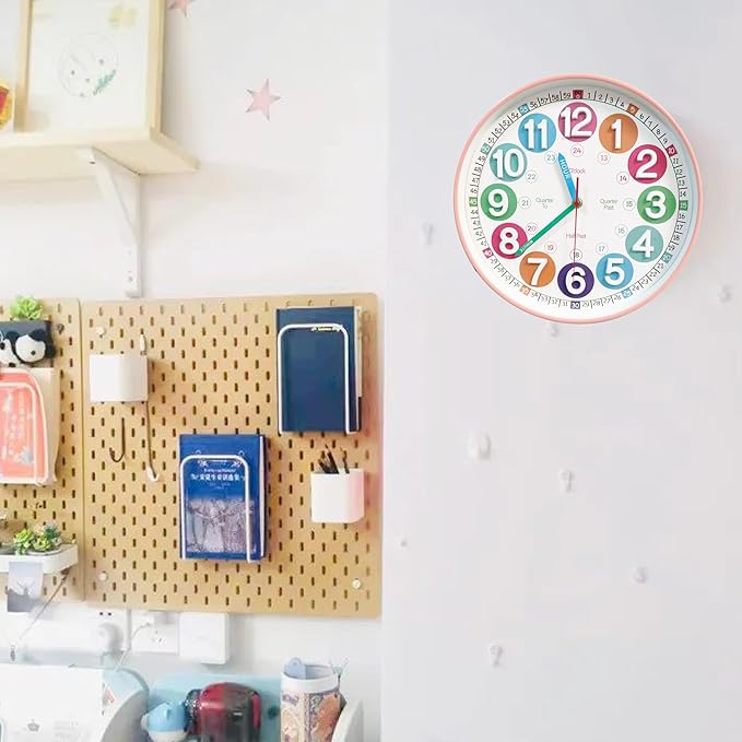 Learning Time Clock for Kids, 12 Inch 3D Peach Pink Classic Silent Wall Clock, Bedroom, Kitchen, Classroom, Decor at School, Clear Digital Clock for Kids Room