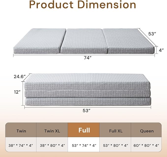Foldable Mattress, 4 Inch Memory Foam Guest Floor Mat, Tri Folding Portable Mattress for Kids and Adults, Washable Cover, Non-Slip Design, Full Grey (Size: 53" L x 74" W x 4" Th)