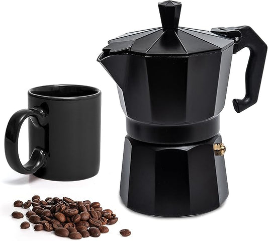 Mixpresso Black 3 Cup Moka Pot Cuban Coffee Maker, Moka Pot for Gas, Electric Stove Top, Classic Italian Coffee Maker, Stovetop Espresso Maker, Camping Pot Makes 3 Espresso Cup 5 Oz - Mug 4.4 Oz