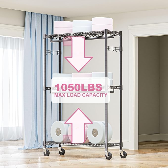 Heavy Duty Rolling Garment Rack 3 Tiers Adjustable Wire Shelving Clothes Rack with 2 Rods and Side Hooks,Storage Closet Clothing Rack with Wheels Black 15.7" D x 45.3" W x 79.6" H