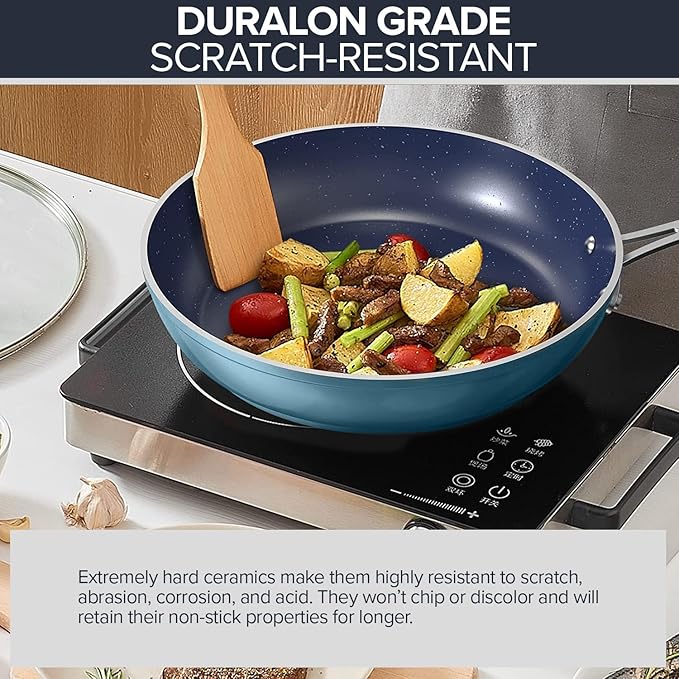 Nuwave 7pc Cookware Set Healthy Duralon Blue Ceramic Nonstick Coated, Diamond Infused Scratch-Resistant, PFAS Free, Oven Safe, Induction Ready & Evenly Heats, Tempered Glass Lids & Stay-Cool Handle