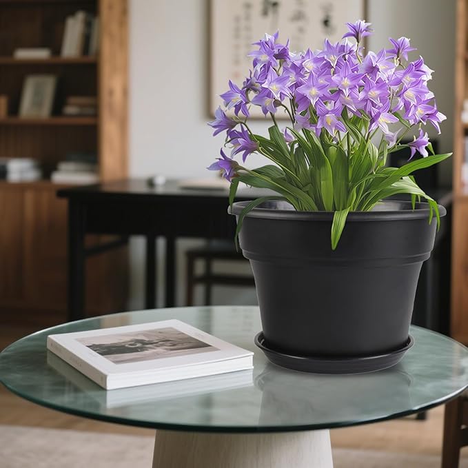 8-inch-Plant-Pots-Indoor-Outdoor, 4 Pack Plastic Planters with Drainage Holes & Saucers, Resin Flower Pots with Trays, Classic Garden Pot Container for House