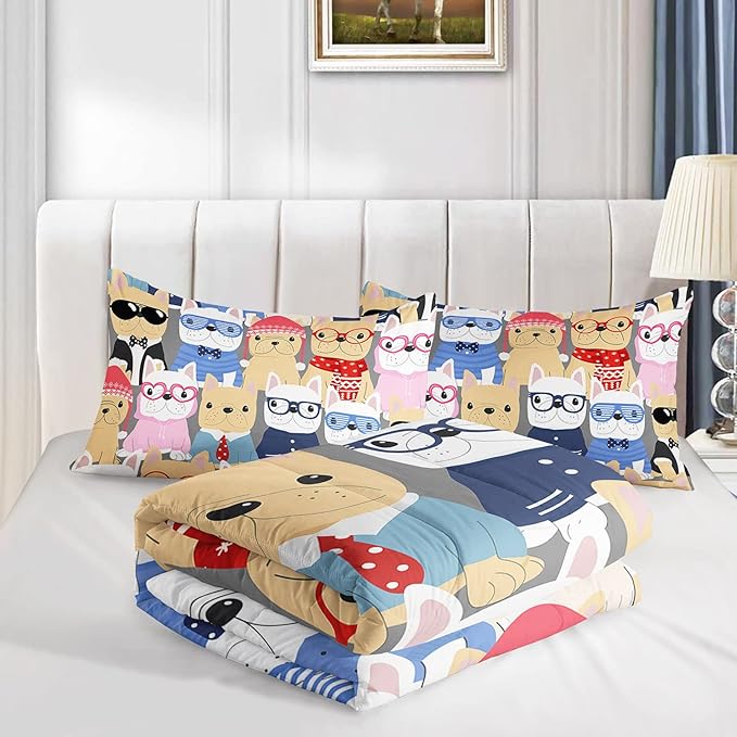 Dog Comforter Bedding Set for Kids - Puppy Pug Cute Pattern Cartoon Career Pet Bedding With 1 Comforter and 2 Pillowcases (Full)