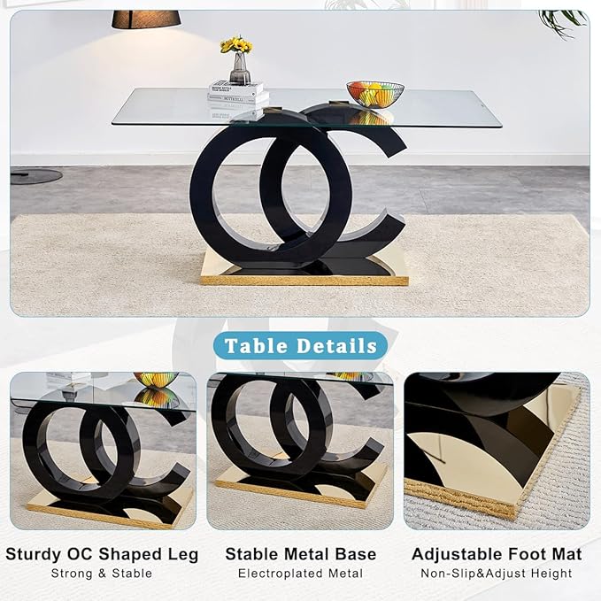 gopop 63'' Glass Dining Table, Modern Kitchen Table, Clear Glass Dining Table with Black Unique Design Leg and Gold Metal Base.(Only Table)