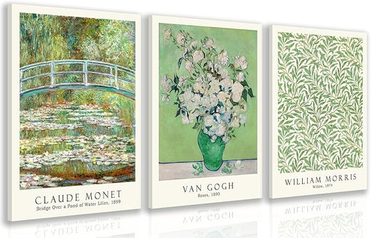 FASWQ Framed Monet Van Gogh William Morris Wall Art, Grass Botanical Wall Decor, Mid Century Impressionist Canvas Paintings, Modern Green Landscape Poster Print for Living Room Bedroom 12"x16"x3