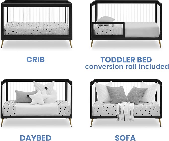 Delta Children Sloane Crib 7-Piece Baby Nursery Furniture Set–Includes: Convertible Crib, Dresser, Changing Top, Crib Mattress, Fitted Sheets, Toddler Guardrail & Changing Pad, Black w/Melted Bronze