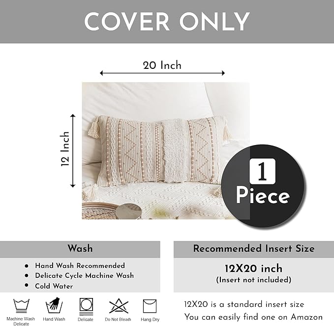 Decorative Lumbar Throw Pillow Cover 12x20 Cream Neutral White Rectangular Boho Accent Pillowcase Farmhouse Cushion for Couch Sofa Bedroom Living Home Décor (Cover ONLY, Pack of 1)