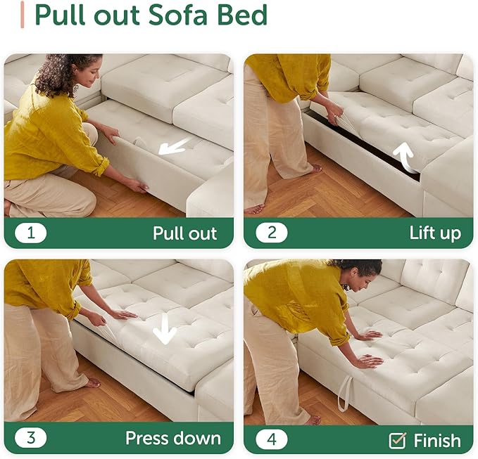 HONBAY Sectional Sleeper Sofa Pull Out Couch, U Shaped Sectional Couch with Storage Chaise, Sofa Bed for Living Room, Beige