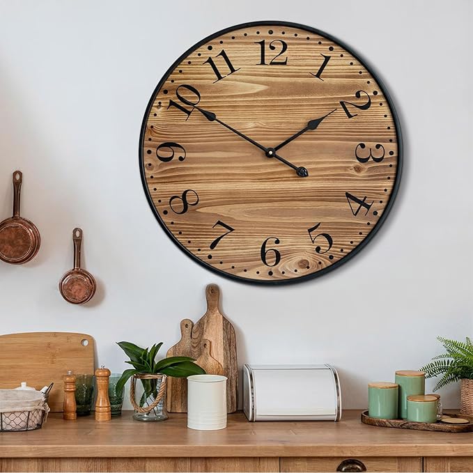Rustic Farmhouse Wall Clocks for Living Room Decor, Large 24 inch Wall Clock with Dark Brown Wooden Face and Black Metal Frame, Silent Battery Operated for Kitchen Bedroom Entryway