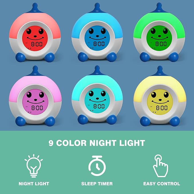 I·CODE Teach Me Time Kids Alarm Clock, Children's Sleep Trainer with Emoji,Toddler Sleep Aid Night Light with Auto-Off Timer,Perfect for 2-9 Years Old Younger Children (Blue)